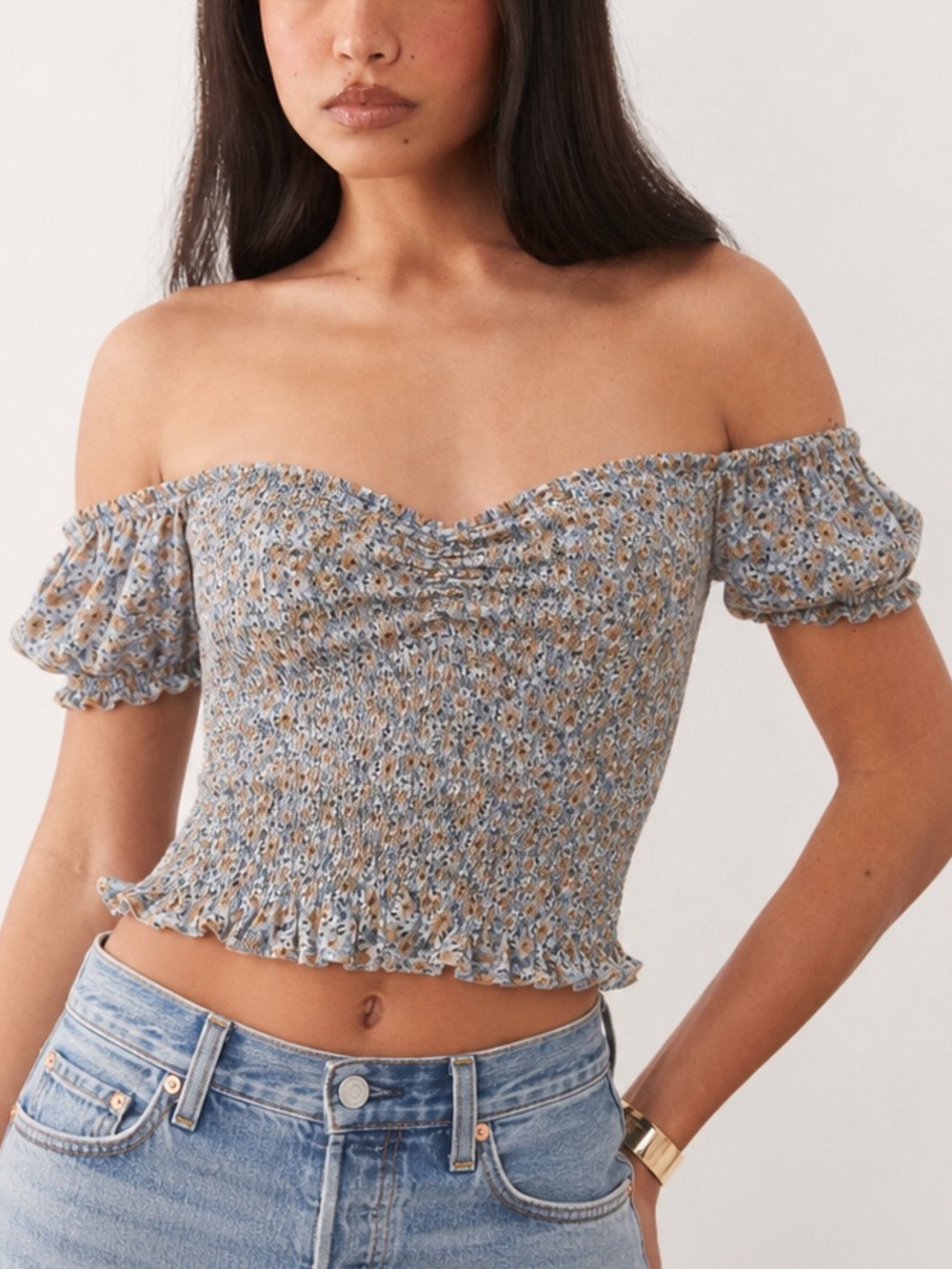 Be Cool Shirt Medium Blue Floral Smocked Off Shoulder Crop Top
